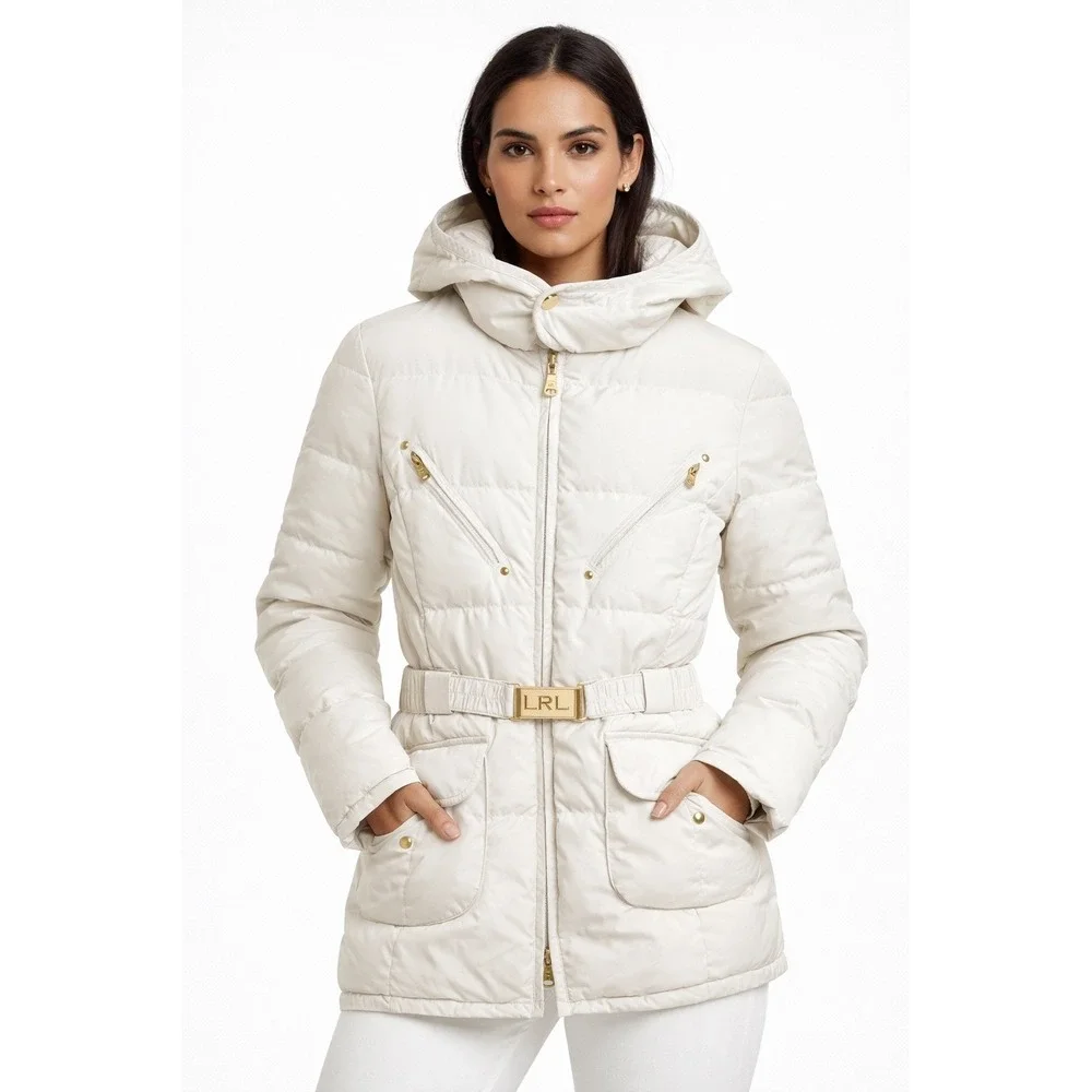 Lauren Ralph Lauren Petite Ivory Down Puffer Jacket Belted Hooded PS S